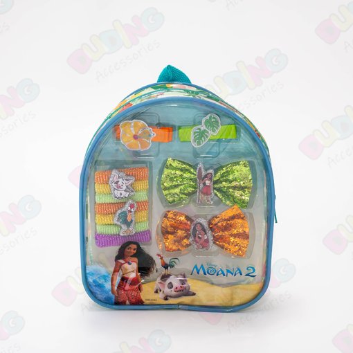 Licensed Kid's Disney Moana Hair Accessory Backpack Set For Girls - 10 Pack with 6 Terry Ponies, 2 Hair Bows & 2 Hair Alligator Clips DD1092