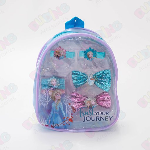 Licensed Kid's Frozen Elsa Hair Accessory Backpack Set For Girls - 10 Pack with 6 Terry Ponies, 2 Hair Bows & 2 Hair Alligator Clips DD1093