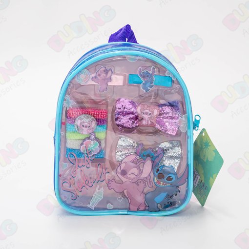 Licensed Kid's Stitch Hair Accessory Backpack Set For Girls - 10 Pack with 6 Terry Ponies, 2 Hair Bows & 2 Hair Alligator Clips DD1095